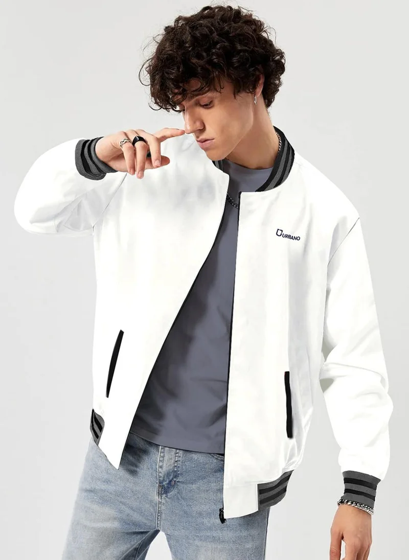 Urbano Fashion Men's White Cotton Zippered Varsity Sweatshirt